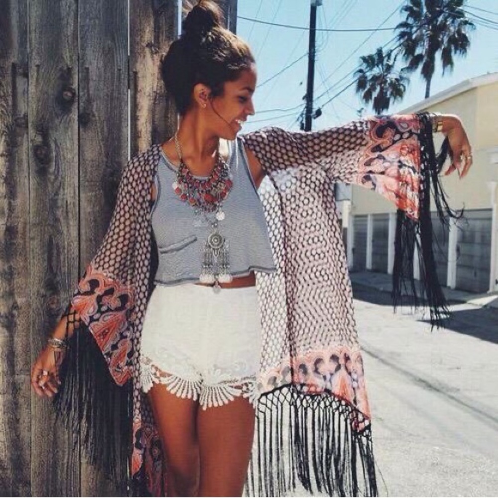 Millau Sheer Boho Duster/Kimono with Fringe Sz M